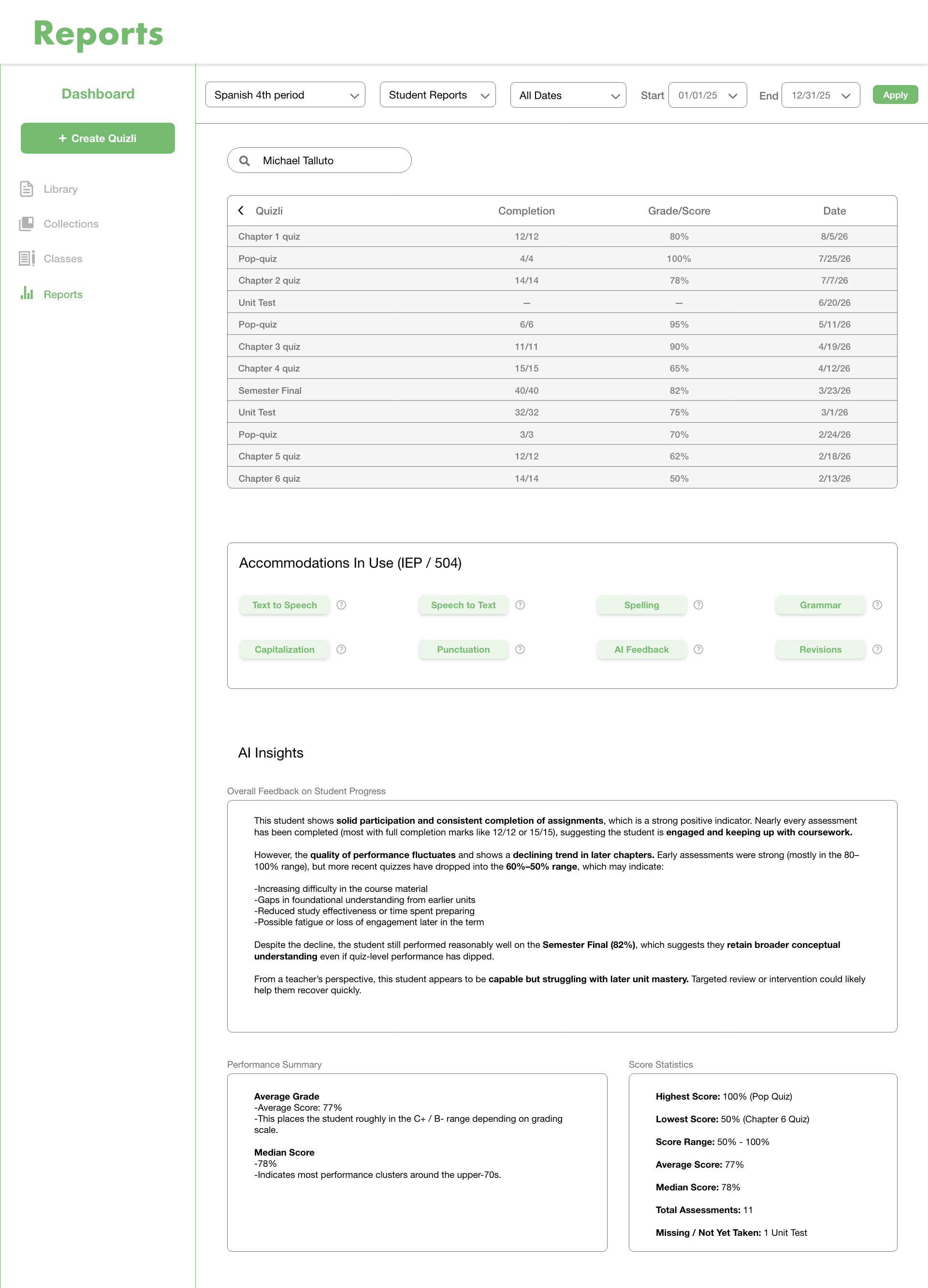 Quizli AI reporting tools